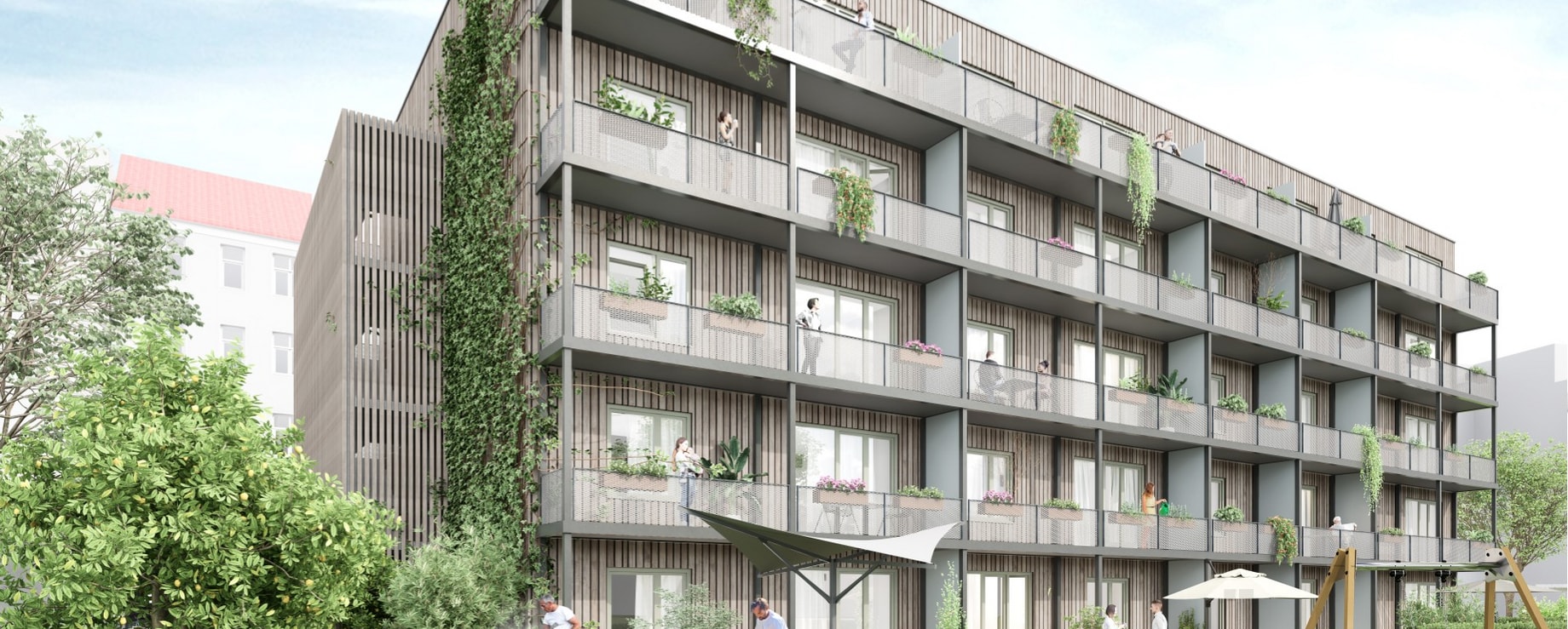 Mehrgeschossiges Wohngebäude in Holzbauweise mit Balkonen, Baustelle Johann-Georg-Straße Berlin