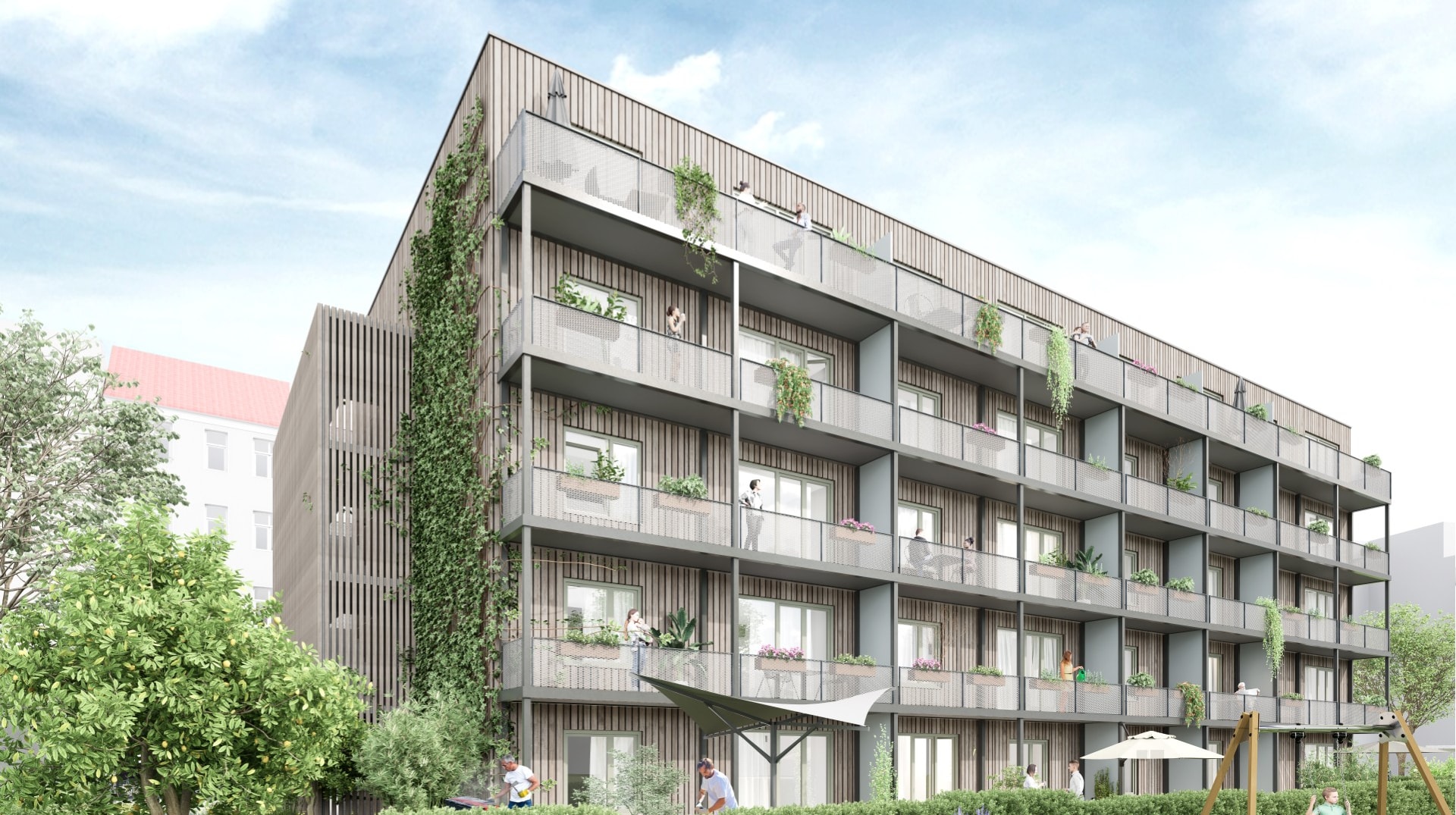 Mehrgeschossiges Wohngebäude in Holzbauweise mit Balkonen, Baustelle Johann-Georg-Straße Berlin